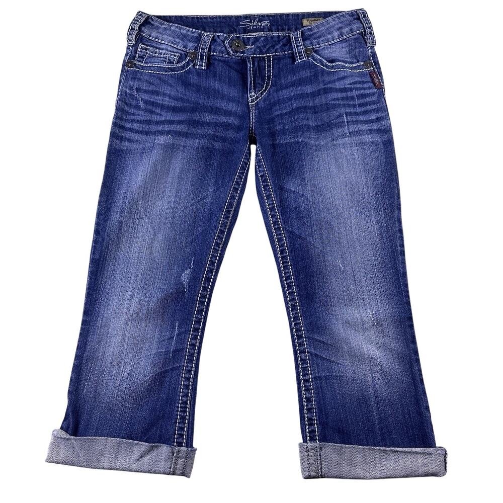 Silver Jeans Tuesday Women's Blue Denim Cuffed‎ Jeans W29 Thick Stitch Whiskered